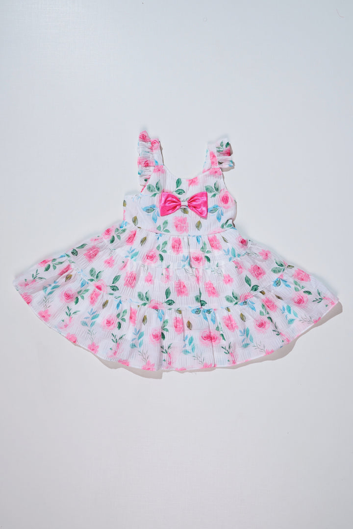 The Nesavu Baby Fancy Frock Baby Girls Frock for Birthday Party in Blended Silk Popcorn Fabric with Floral Print and Satin Bow Nesavu 14 (6M) / Pink BFJ718B-14 Baby Girls Frock Birthday Party Blended Silk Popcorn Fabric Floral Print | The Nesavu