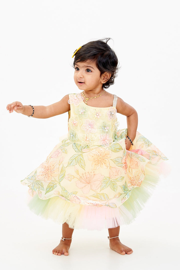 The Nesavu Baby Fancy Frock Baby Girls Gown Frock in Satin Organza with Floral 3D Appliqué and Layered Tulle Skirt Nesavu 16 (1Y) / Yellow PF206A-16 Baby Girls Gown Frock Satin Organza 3D Floral Appliqu Layered Tulle | The Nesavu