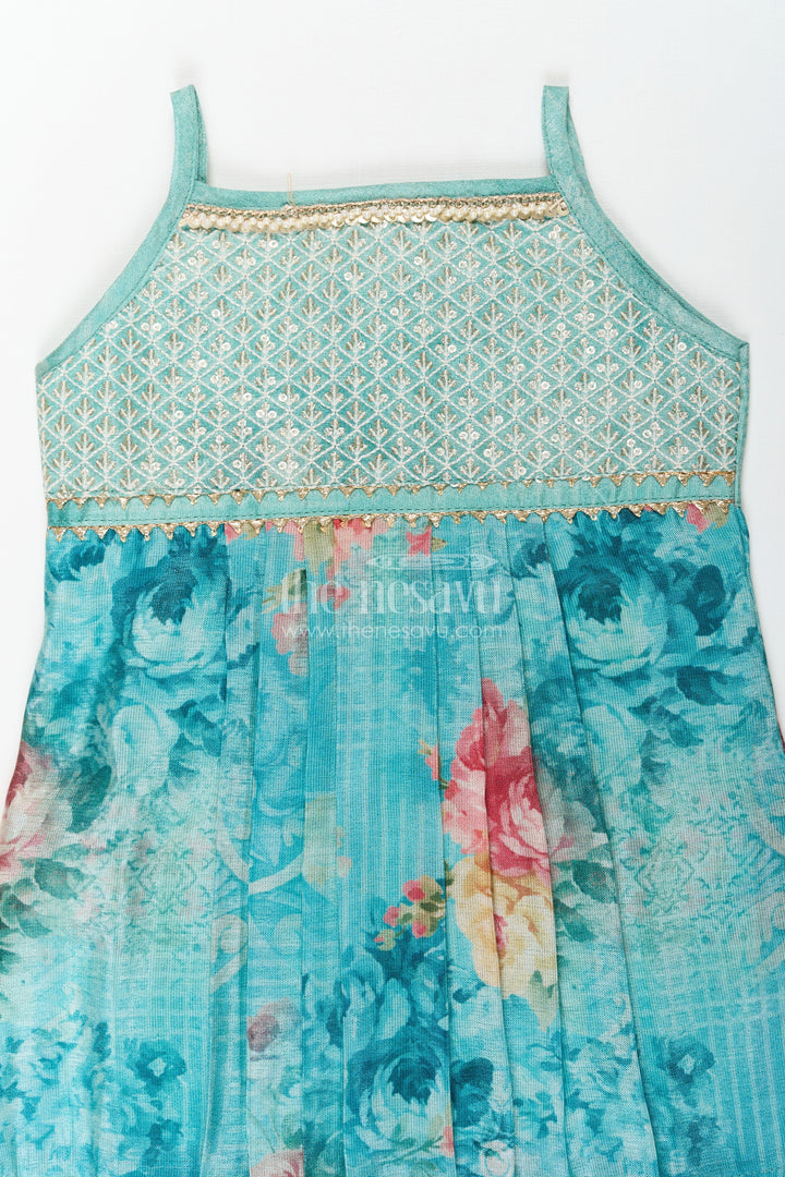The Nesavu Baby Cotton Frocks Baby Girls Green Cotton Dress with Floral Digital Prints and Gold Sequin Embroidered Yoke Nesavu Baby Girls Green Cotton Dress with Floral Digital Print and Sequin Embroidered Yoke | The Nesavu