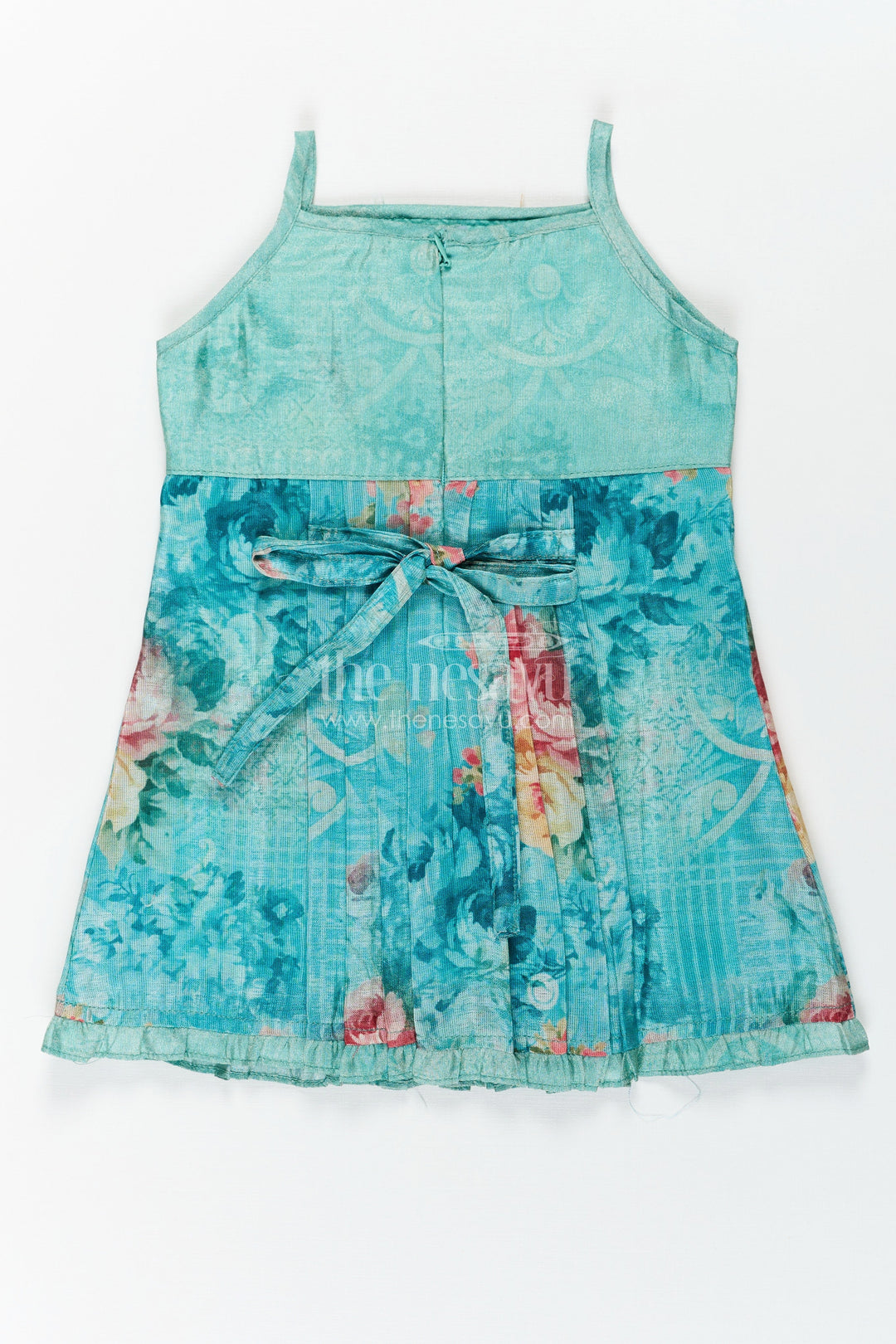 The Nesavu Baby Fancy Frock Baby Girls Green Cotton Dress with Floral Digital Prints and Gold Sequin Embroidered Yoke Nesavu Nesavu Baby Girls Green Cotton Dress with Floral Digital Print and Sequin Embroidered Yoke