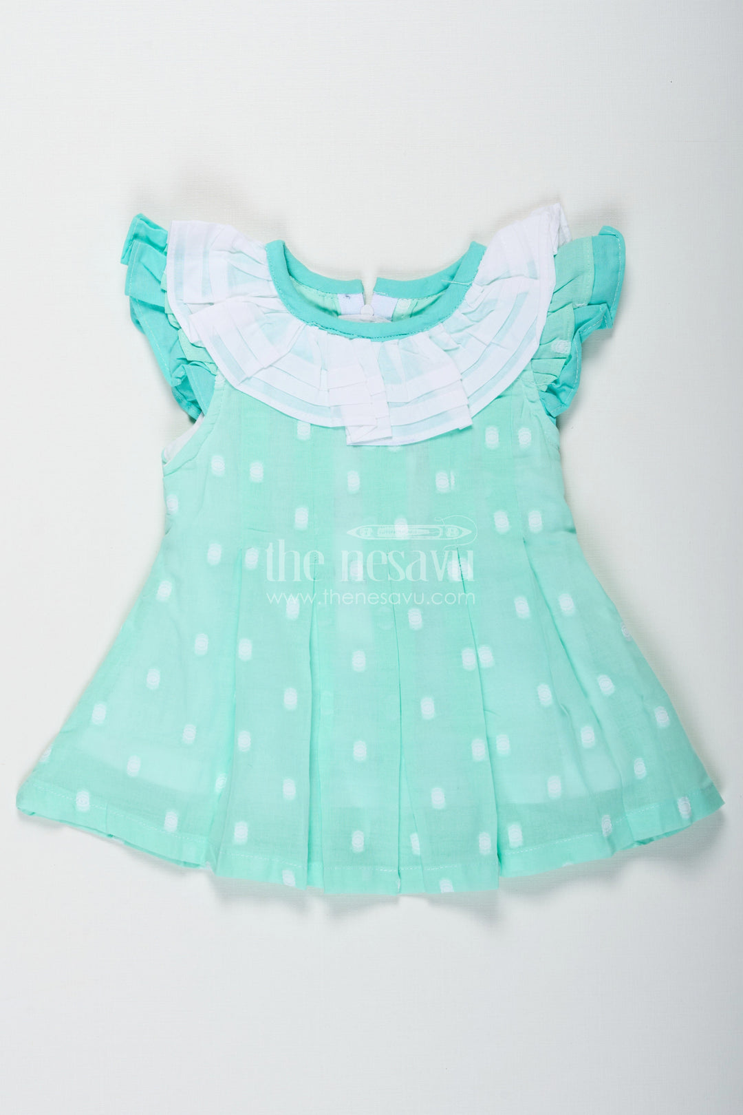 The Nesavu Baby Cotton Frocks Baby Girls Green Short Dress in Cotton with Layered Ruffle Yoke and Puff Sleeves Nesavu 12 (3M) / Green BFJ747A-12 Baby Girls Green Cotton Short Dress Ruffle Yoke Matching Bloomers | The Nesavu