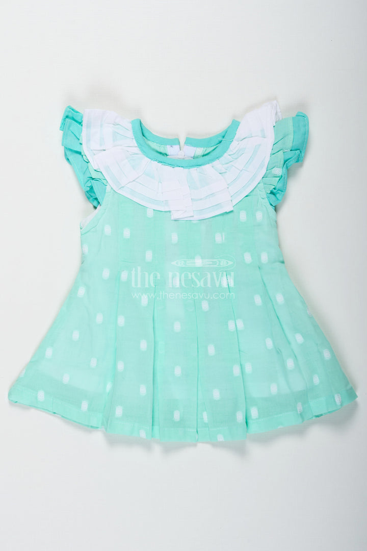 The Nesavu Baby Cotton Frocks Baby Girls Green Short Dress in Cotton with Layered Ruffle Yoke and Puff Sleeves Nesavu 12 (3M) / Green BFJ747A-12 Baby Girls Green Cotton Short Dress Ruffle Yoke Matching Bloomers | The Nesavu