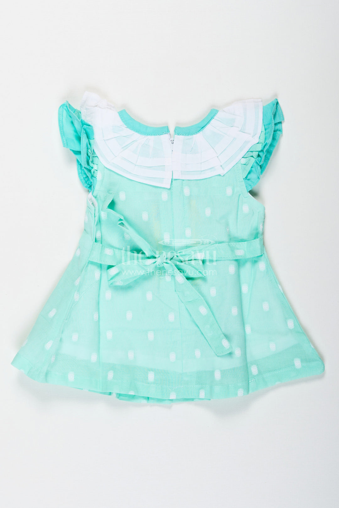 The Nesavu Baby Cotton Frocks Baby Girls Green Short Dress in Cotton with Layered Ruffle Yoke and Puff Sleeves Nesavu Baby Girls Green Cotton Short Dress Ruffle Yoke Matching Bloomers | The Nesavu