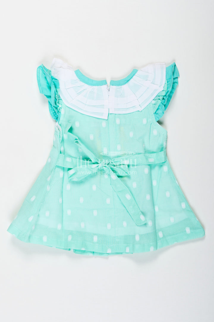 The Nesavu Baby Cotton Frocks Baby Girls Green Short Dress in Cotton with Layered Ruffle Yoke and Puff Sleeves Nesavu Baby Girls Green Cotton Short Dress Ruffle Yoke Matching Bloomers | The Nesavu