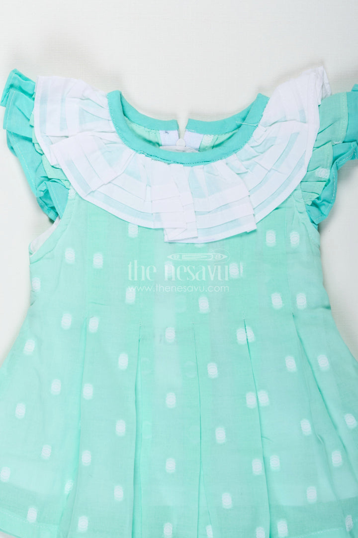 The Nesavu Baby Cotton Frocks Baby Girls Green Short Dress in Cotton with Layered Ruffle Yoke and Puff Sleeves Nesavu Baby Girls Green Cotton Short Dress Ruffle Yoke Matching Bloomers | The Nesavu