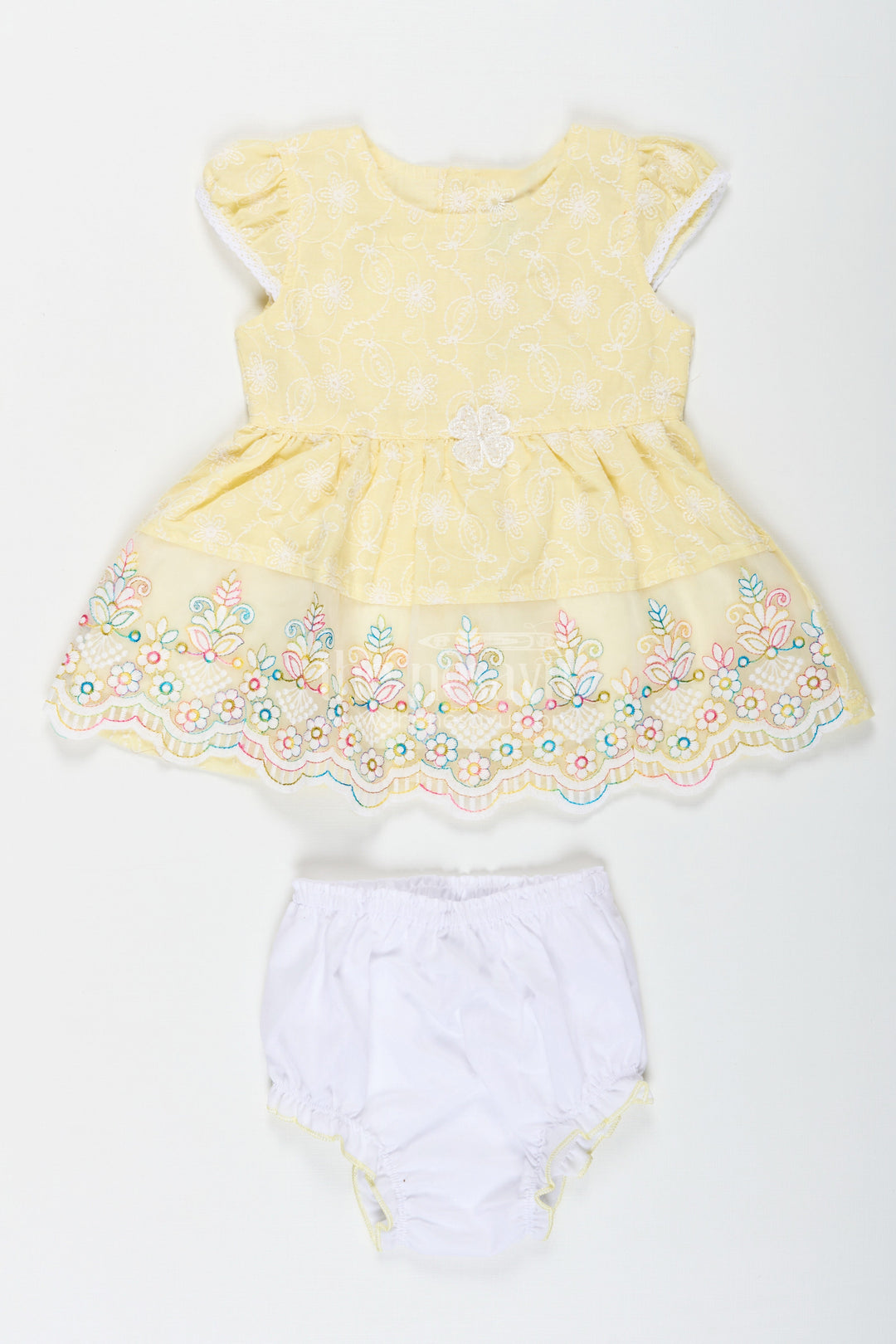 The Nesavu Baby Cotton Frocks Baby Girls Latest Cotton Frock in Chikan Embroidery with Floral Lace Border and Matching Bloomer Nesavu 18 (2Y) / Yellow BFJ744A-18 Baby Girls Latest Cotton Frock Chikan Embroidery Matching Bloomer | The Nesavu