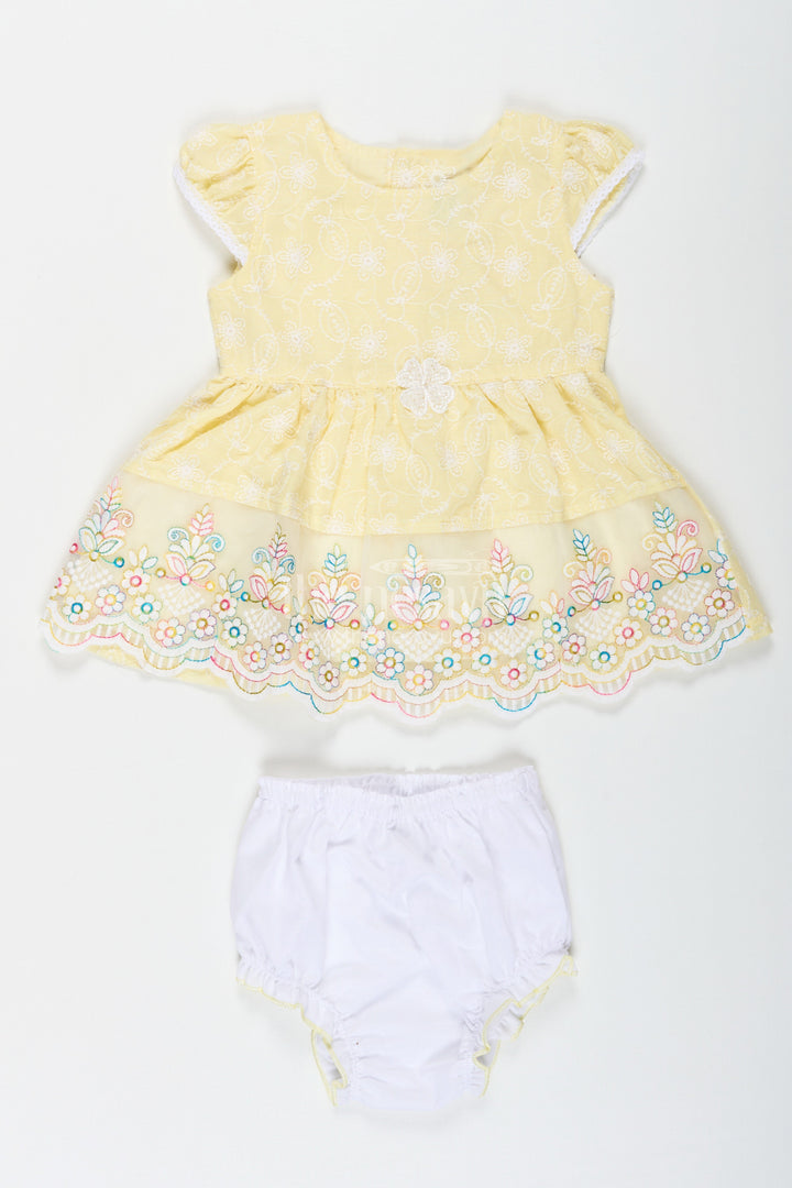 The Nesavu Baby Cotton Frocks Baby Girls Latest Cotton Frock in Chikan Embroidery with Floral Lace Border and Matching Bloomer Nesavu 18 (2Y) / Yellow BFJ744A-18 Baby Girls Latest Cotton Frock Chikan Embroidery Matching Bloomer | The Nesavu
