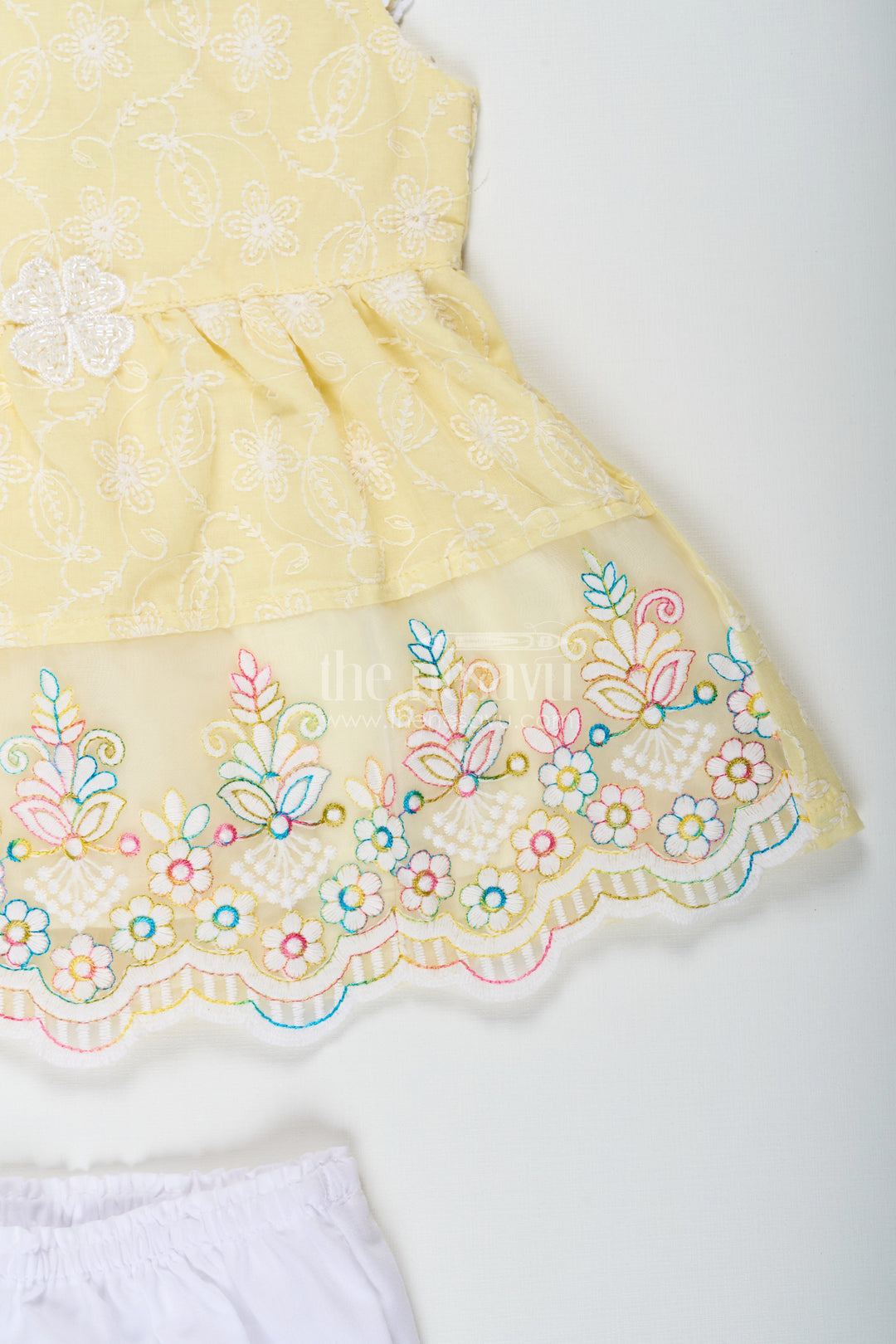 The Nesavu Baby Cotton Frocks Baby Girls Latest Cotton Frock in Chikan Embroidery with Floral Lace Border and Matching Bloomer Nesavu Baby Girls Latest Cotton Frock Chikan Embroidery Matching Bloomer | The Nesavu