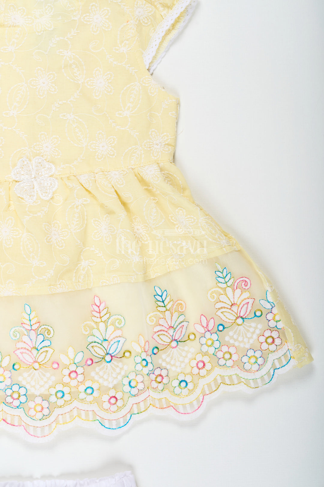 The Nesavu Baby Cotton Frocks Baby Girls Latest Cotton Frock in Chikan Embroidery with Floral Lace Border and Matching Bloomer Nesavu Baby Girls Latest Cotton Frock Chikan Embroidery Matching Bloomer | The Nesavu