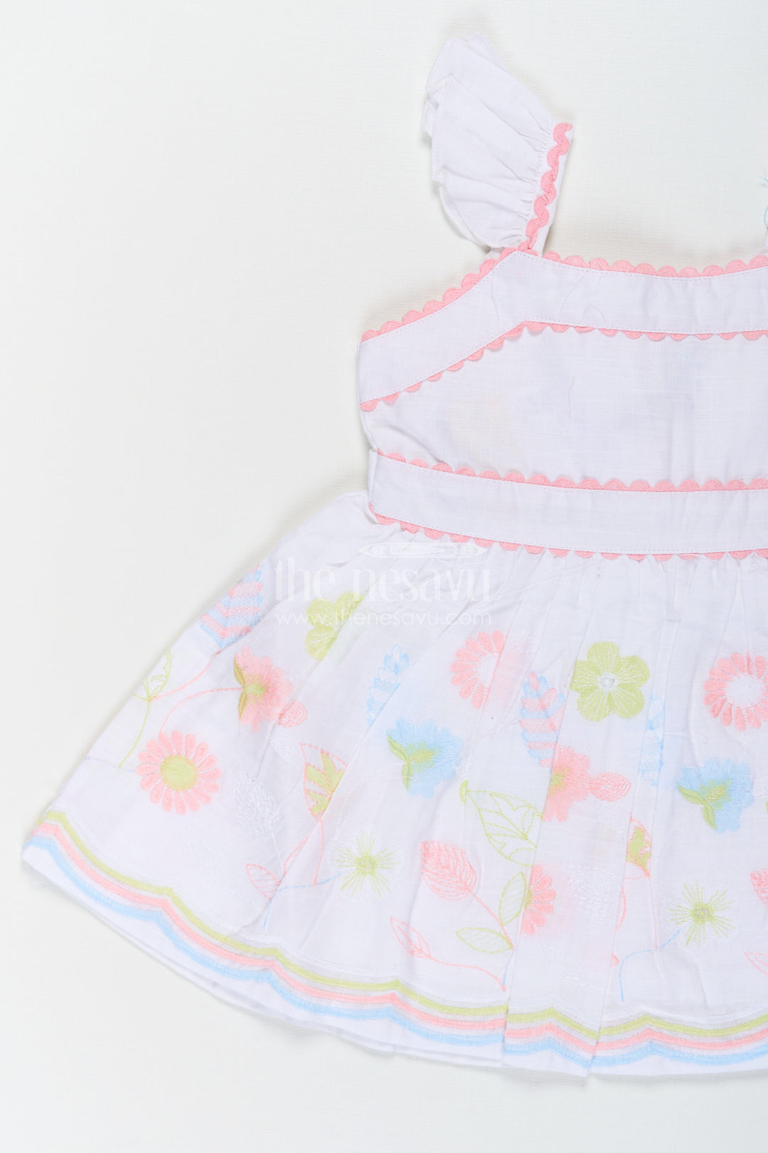 The Nesavu Baby Cotton Frocks Baby Girls Latest Design Frock in White Cotton with Embroidered Floral Hem Nesavu Latest Design Frock Baby Girls White Cotton Embroidered Floral Hem | The Nesavu