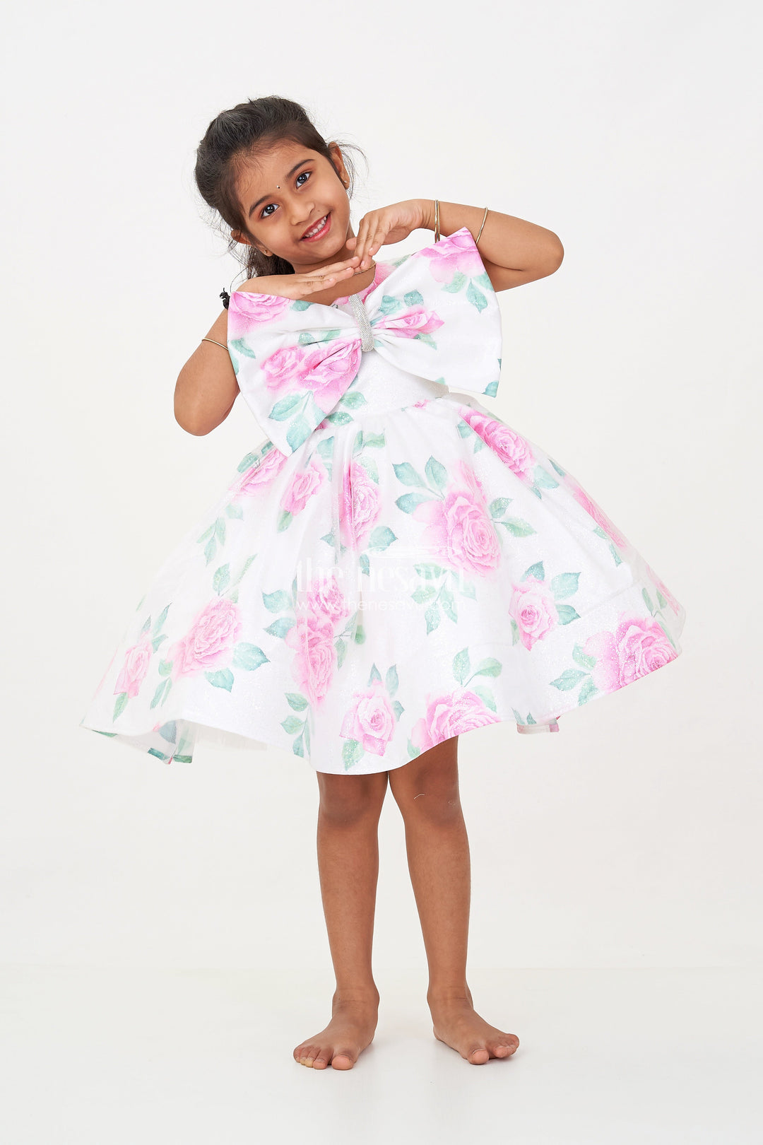 The Nesavu Baby Fancy Frock Baby Girls Lavender Party Dress in Organza Shimmer with Digital Floral Print and Bow Accent Nesavu 16 (1Y) / Purple PF205A-16 Baby Girls Lavender Party Dress Organza Shimmer Digital Floral Print Bow | The Nesavu
