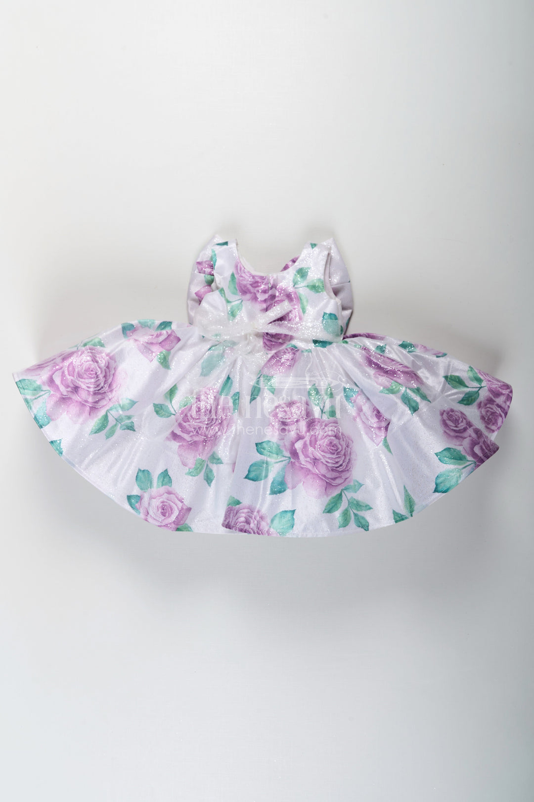 The Nesavu Baby Fancy Frock Baby Girls Lavender Party Dress in Organza Shimmer with Digital Floral Print and Bow Accent Nesavu Baby Girls Lavender Party Dress Organza Shimmer Digital Floral Print Bow | The Nesavu