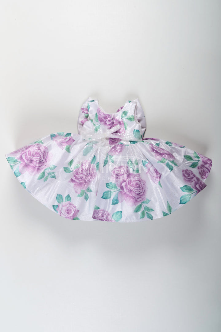 The Nesavu Baby Fancy Frock Baby Girls Lavender Party Dress in Organza Shimmer with Digital Floral Print and Bow Accent Nesavu Baby Girls Lavender Party Dress Organza Shimmer Digital Floral Print Bow | The Nesavu