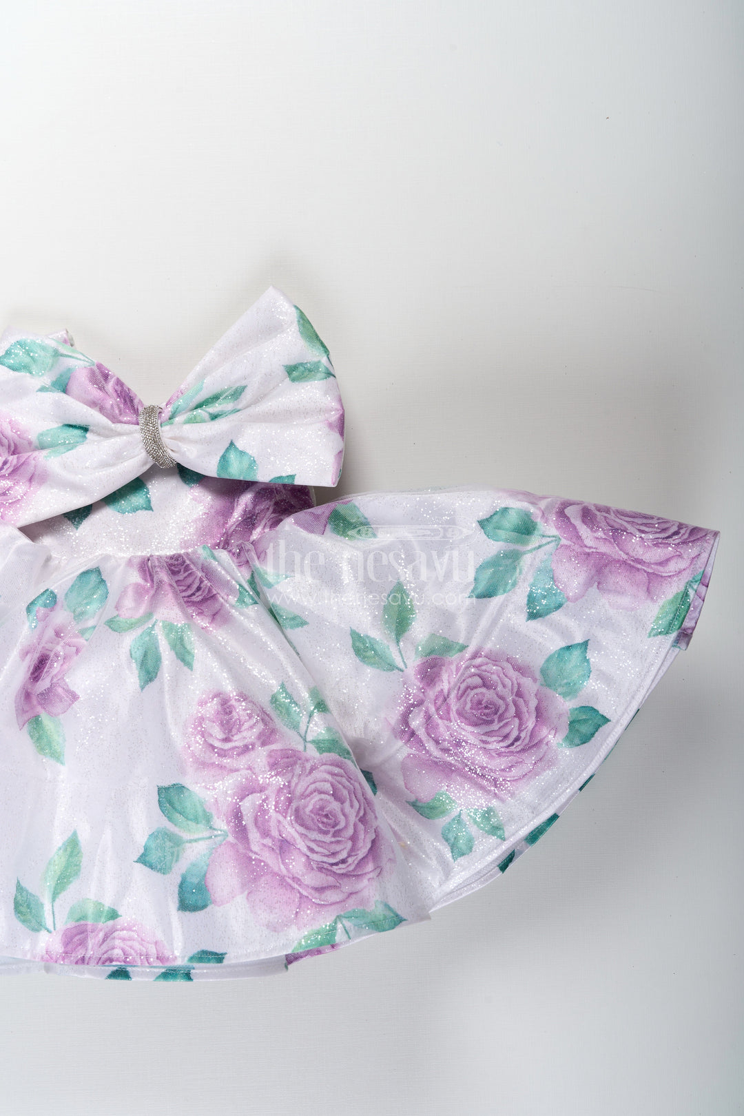 The Nesavu Baby Fancy Frock Baby Girls Lavender Party Dress in Organza Shimmer with Digital Floral Print and Bow Accent Nesavu Baby Girls Lavender Party Dress Organza Shimmer Digital Floral Print Bow | The Nesavu