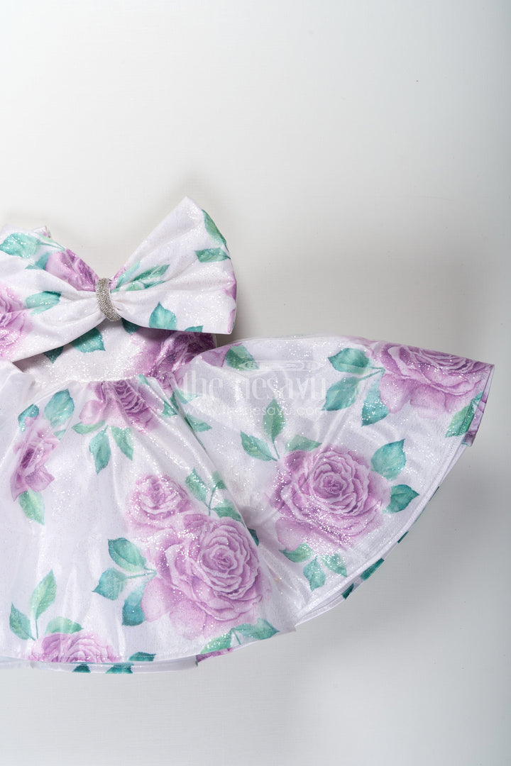 The Nesavu Baby Fancy Frock Baby Girls Lavender Party Dress in Organza Shimmer with Digital Floral Print and Bow Accent Nesavu Baby Girls Lavender Party Dress Organza Shimmer Digital Floral Print Bow | The Nesavu