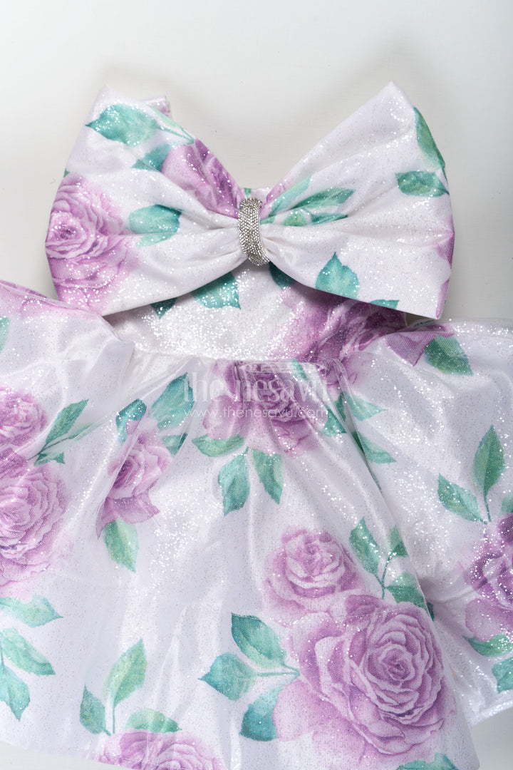 The Nesavu Baby Fancy Frock Baby Girls Lavender Party Dress in Organza Shimmer with Digital Floral Print and Bow Accent Nesavu Baby Girls Lavender Party Dress Organza Shimmer Digital Floral Print Bow | The Nesavu