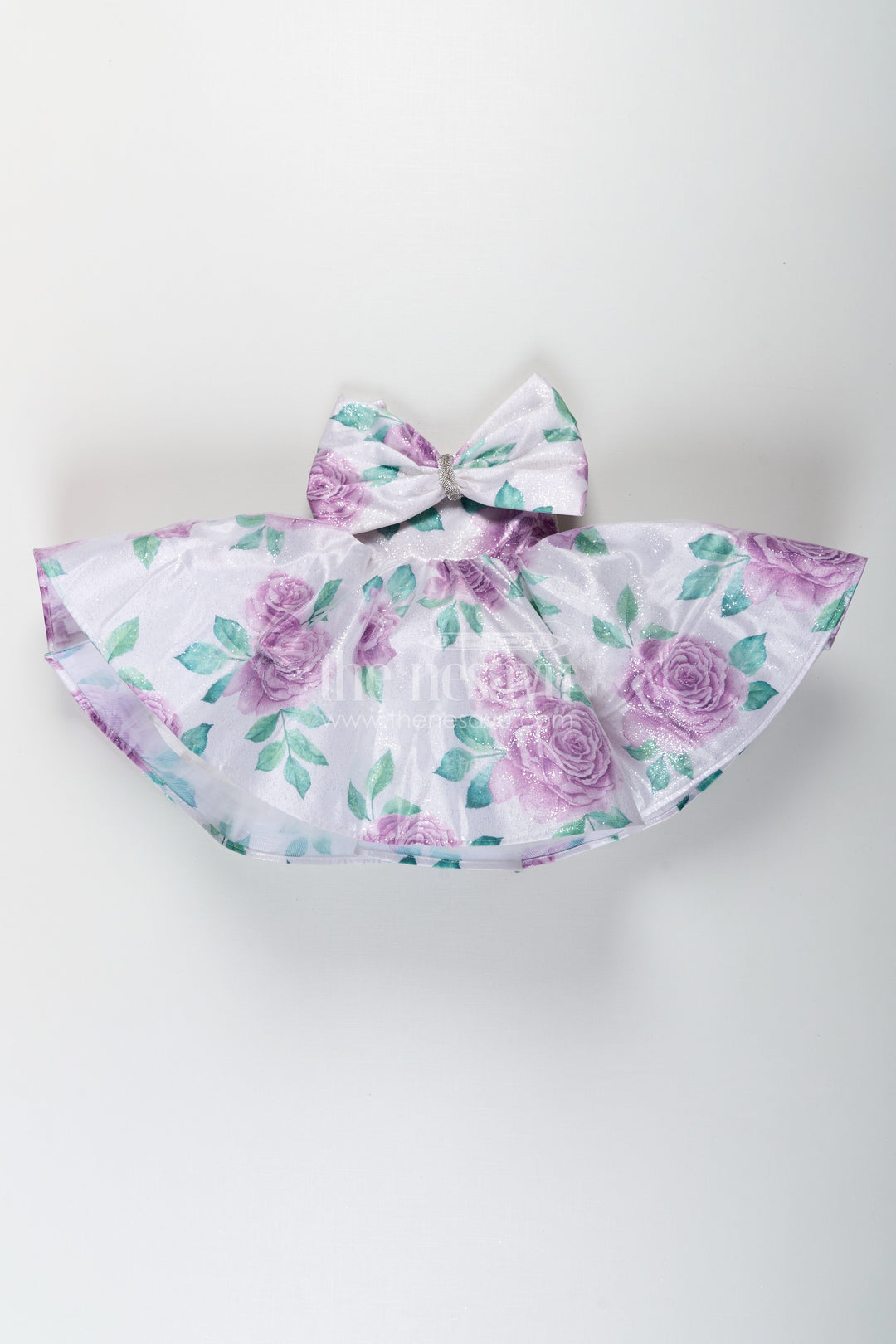The Nesavu Baby Fancy Frock Baby Girls Lavender Party Dress in Organza Shimmer with Digital Floral Print and Bow Accent Nesavu Baby Girls Lavender Party Dress Organza Shimmer Digital Floral Print Bow | The Nesavu