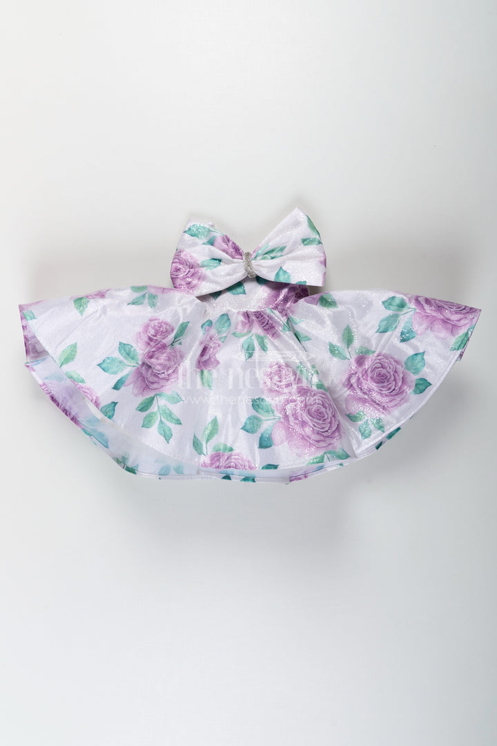 The Nesavu Baby Fancy Frock Baby Girls Lavender Party Dress in Organza Shimmer with Digital Floral Print and Bow Accent Nesavu Baby Girls Lavender Party Dress Organza Shimmer Digital Floral Print Bow | The Nesavu