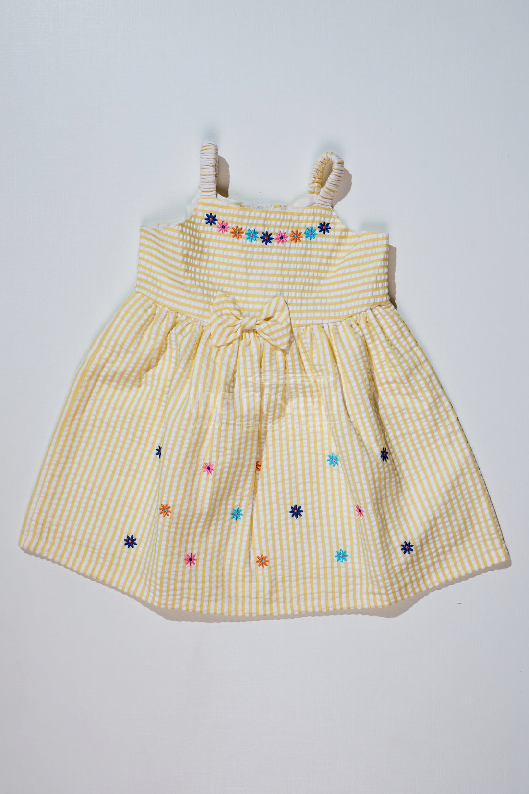 The Nesavu Baby Cotton Frocks Baby Girls Lemon Yellow Dress in Seer Sucker Cotton with Floral Embroidery and Bow Detail Nesavu 14 (6M) / Yellow BFJ722A-14 Baby Girls Lemon Yellow Dress Seer Sucker Cotton Floral Embroidery | The Nesavu