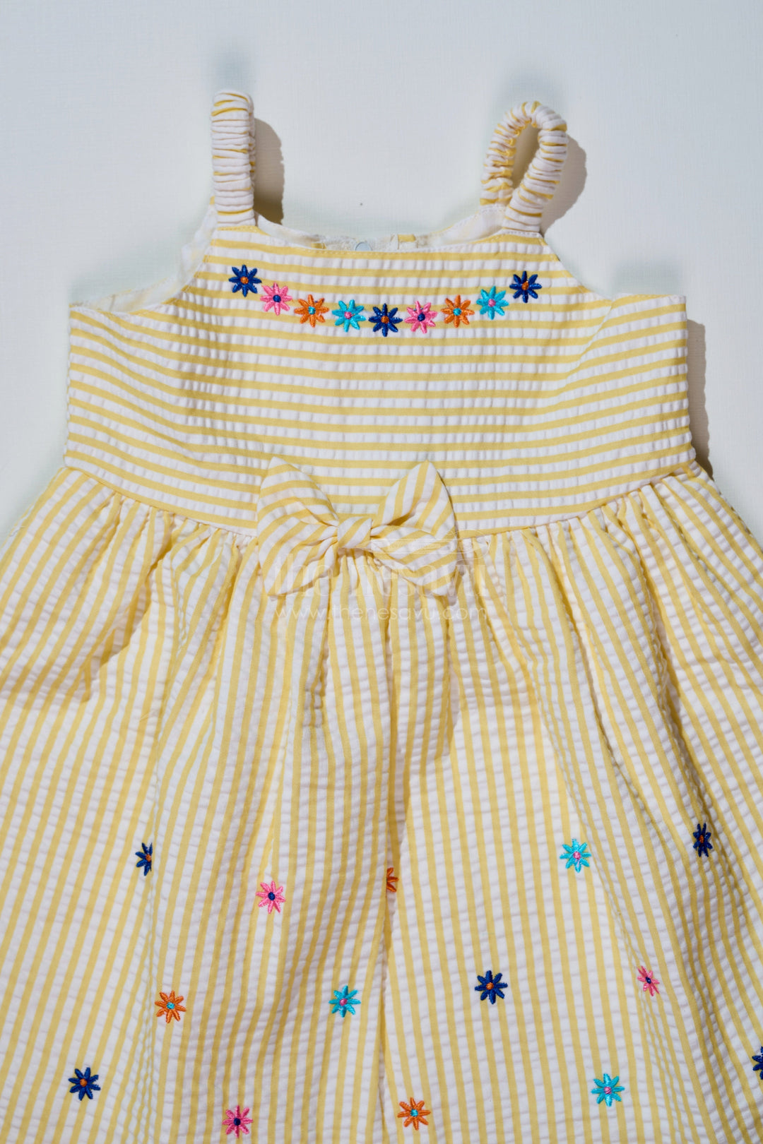The Nesavu Baby Cotton Frocks Baby Girls Lemon Yellow Dress in Seer Sucker Cotton with Floral Embroidery and Bow Detail Nesavu Baby Girls Lemon Yellow Dress Seer Sucker Cotton Floral Embroidery | The Nesavu