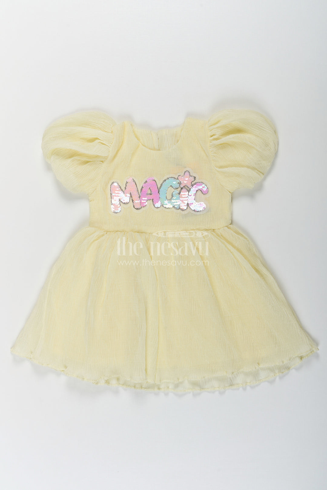 The Nesavu Baby Fancy Frock Baby Girls Light Green Dress in Chinon Chiffon with Puff Sleeves and Magic Sequin Embroidery Nesavu 14 (6M) / Yellow BFJ758B-14 Baby Girls Light Green Dress Chinon Chiffon Sequin Magic Embroidery | The Nesavu
