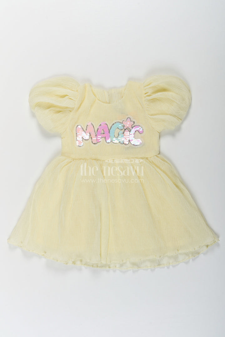 The Nesavu Baby Fancy Frock Baby Girls Light Green Dress in Chinon Chiffon with Puff Sleeves and Magic Sequin Embroidery Nesavu 14 (6M) / Yellow BFJ758B-14 Baby Girls Light Green Dress Chinon Chiffon Sequin Magic Embroidery | The Nesavu