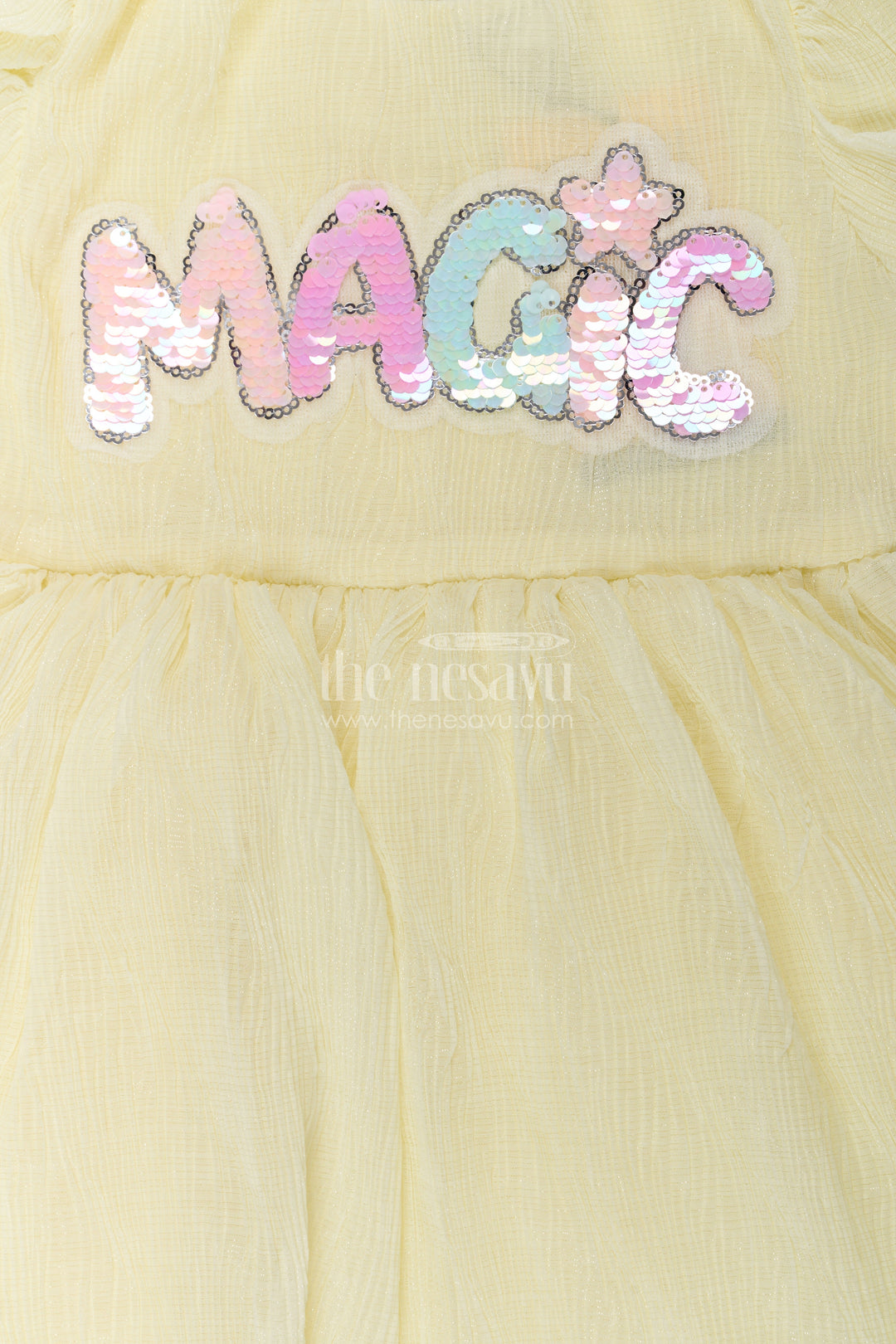 The Nesavu Baby Fancy Frock Baby Girls Light Green Dress in Chinon Chiffon with Puff Sleeves and Magic Sequin Embroidery Nesavu Baby Girls Light Green Dress Chinon Chiffon Sequin Magic Embroidery | The Nesavu