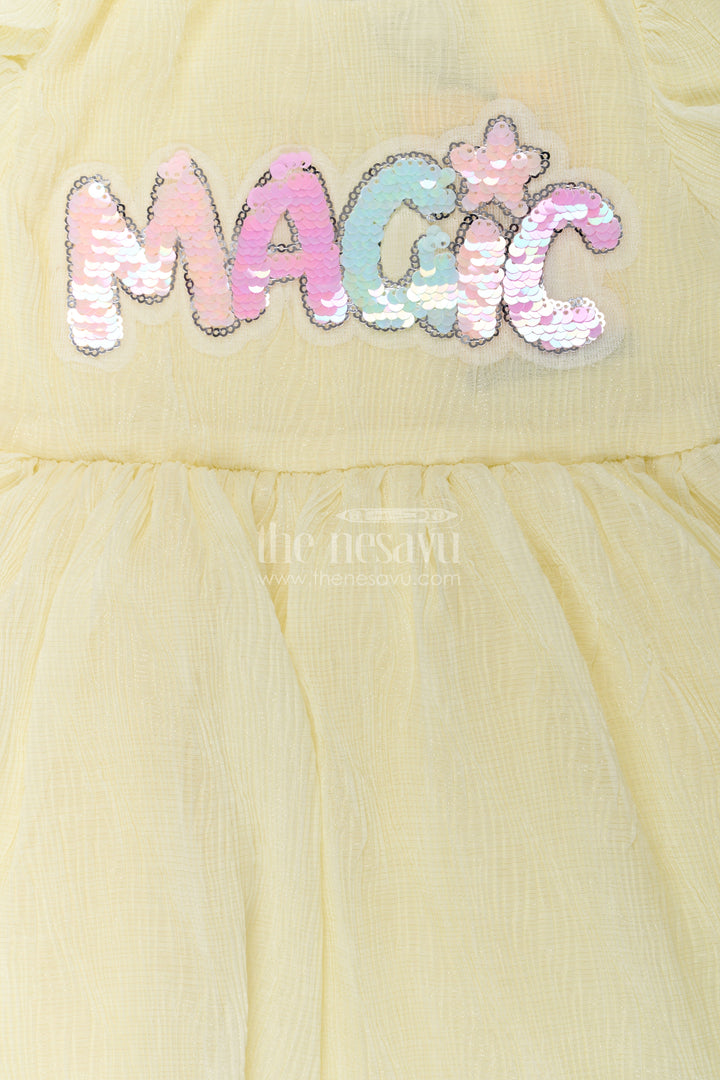 The Nesavu Baby Fancy Frock Baby Girls Light Green Dress in Chinon Chiffon with Puff Sleeves and Magic Sequin Embroidery Nesavu Baby Girls Light Green Dress Chinon Chiffon Sequin Magic Embroidery | The Nesavu