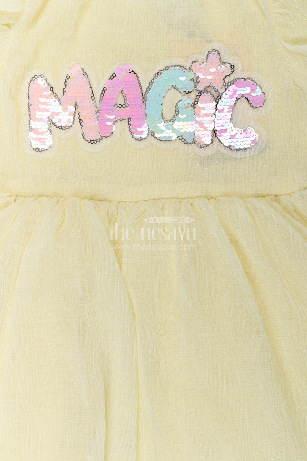 The Nesavu Baby Fancy Frock Baby Girls Light Green Dress in Chinon Chiffon with Puff Sleeves and Magic Sequin Embroidery Nesavu Nesavu Baby Girls Light Green Dress Chinon Chiffon Sequin Magic Embroidery