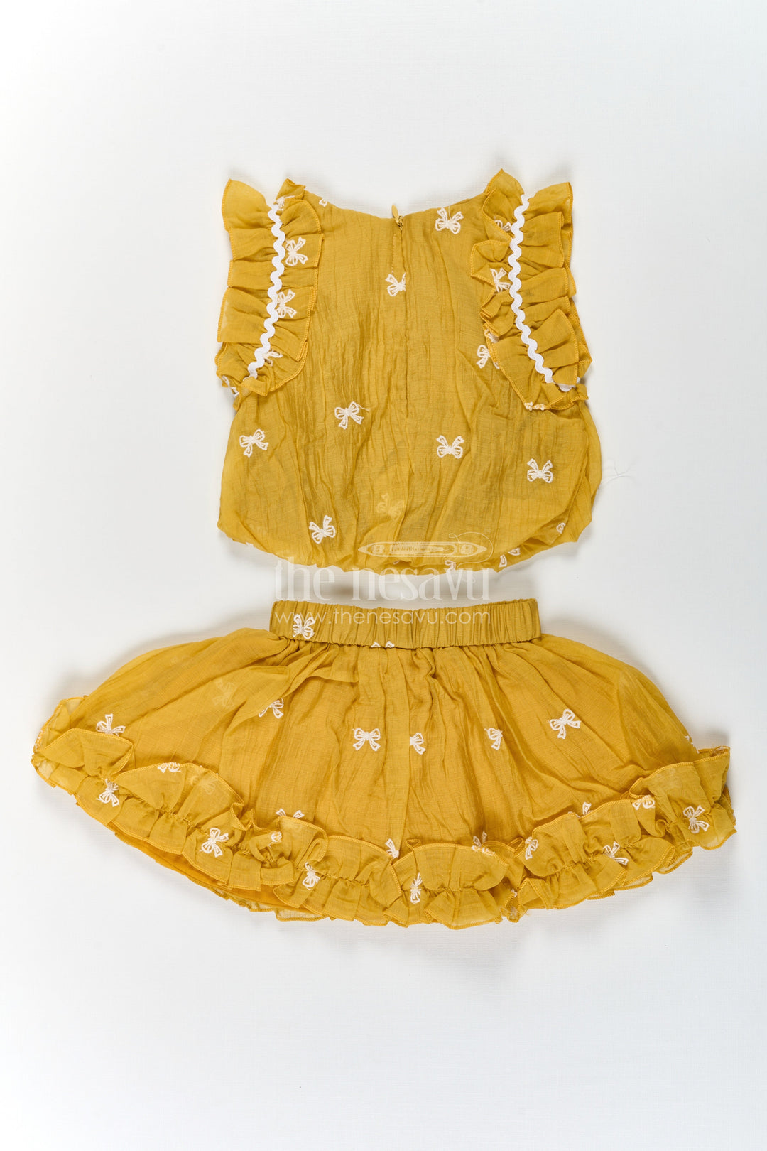 The Nesavu Baby Cotton Frocks Baby Girls Mustard Embroidered Dress with Thread Work and Ruffled Sleeves for Everyday Comfort Nesavu Baby Girls Mustard Yellow Cotton Embroidered Dress Ruffles Thread Work Details | The Nesavu