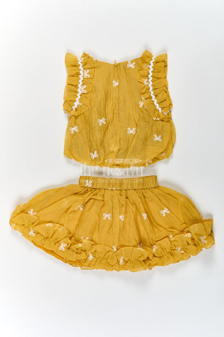 The Nesavu Baby Cotton Frocks Baby Girls Mustard Embroidered Dress with Thread Work and Ruffled Sleeves for Everyday Comfort Nesavu Baby Girls Mustard Yellow Cotton Embroidered Dress Ruffles Thread Work Details | The Nesavu