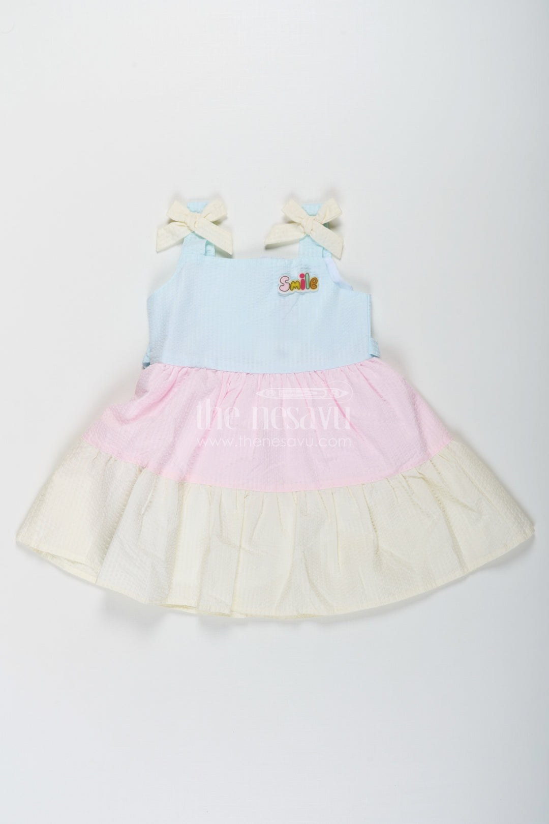 The Nesavu Baby Cotton Frocks Baby Girls New Party Frock in Cotton with Tiered Pastel Layers and Bow Accents Nesavu 16 (1Y) / Multicolor BFJ745B-16 Baby Girls New Party Frock Cotton Tiered Pastel Layers Bow Accents | The Nesavu
