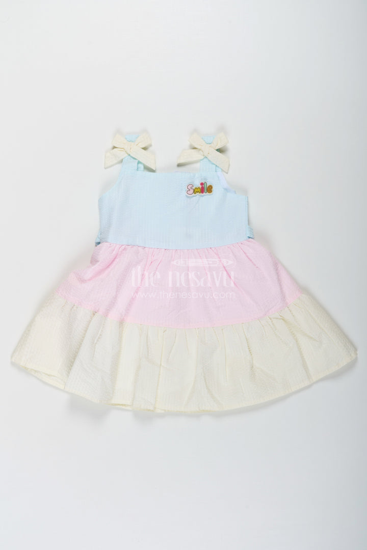The Nesavu Baby Cotton Frocks Baby Girls New Party Frock in Cotton with Tiered Pastel Layers and Bow Accents Nesavu 16 (1Y) / Multicolor BFJ745B-16 Baby Girls New Party Frock Cotton Tiered Pastel Layers Bow Accents | The Nesavu