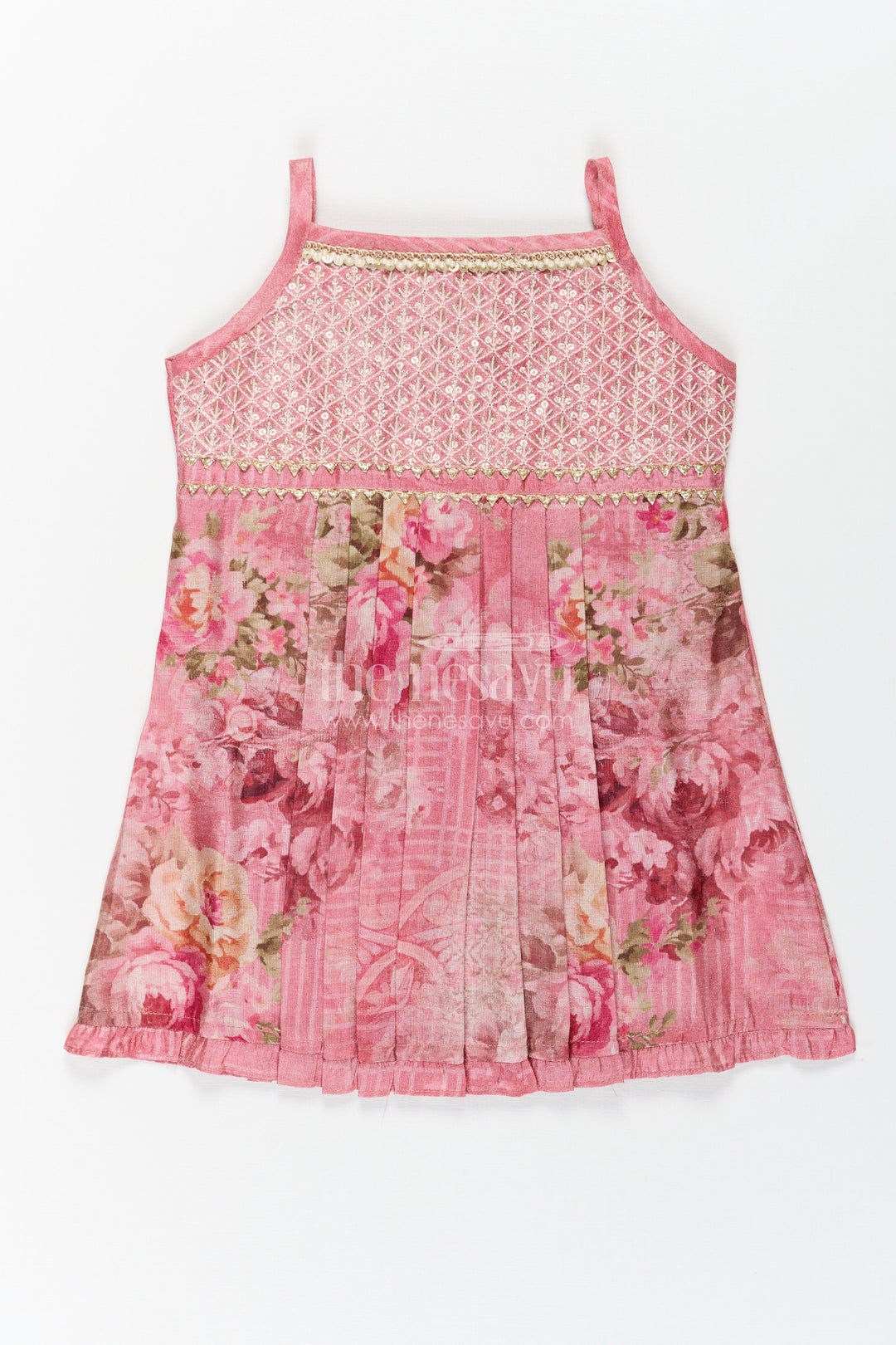 The Nesavu Baby Cotton Frocks Baby Girls Outfits in Rose Print with Sequin Embroidered Yoke and Delicate Shoulder Straps Nesavu 14 (6M) / Pink BFJ772B-14 Baby Outfits Rose Floral Dress with Gold Sequin Yoke and Soft Tissue Fabric for Girls | The Nesavu