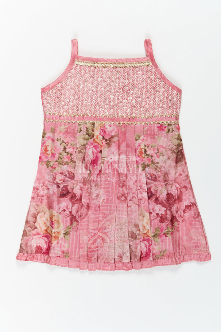 The Nesavu Baby Cotton Frocks Baby Girls Outfits in Rose Print with Sequin Embroidered Yoke and Delicate Shoulder Straps Nesavu 14 (6M) / Pink BFJ772B-14 Baby Outfits Rose Floral Dress with Gold Sequin Yoke and Soft Tissue Fabric for Girls | The Nesavu