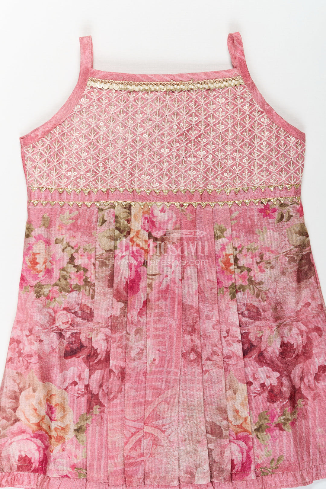 The Nesavu Baby Cotton Frocks Baby Girls Outfits in Rose Print with Sequin Embroidered Yoke and Delicate Shoulder Straps Nesavu Baby Outfits Rose Floral Dress with Gold Sequin Yoke and Soft Tissue Fabric for Girls | The Nesavu