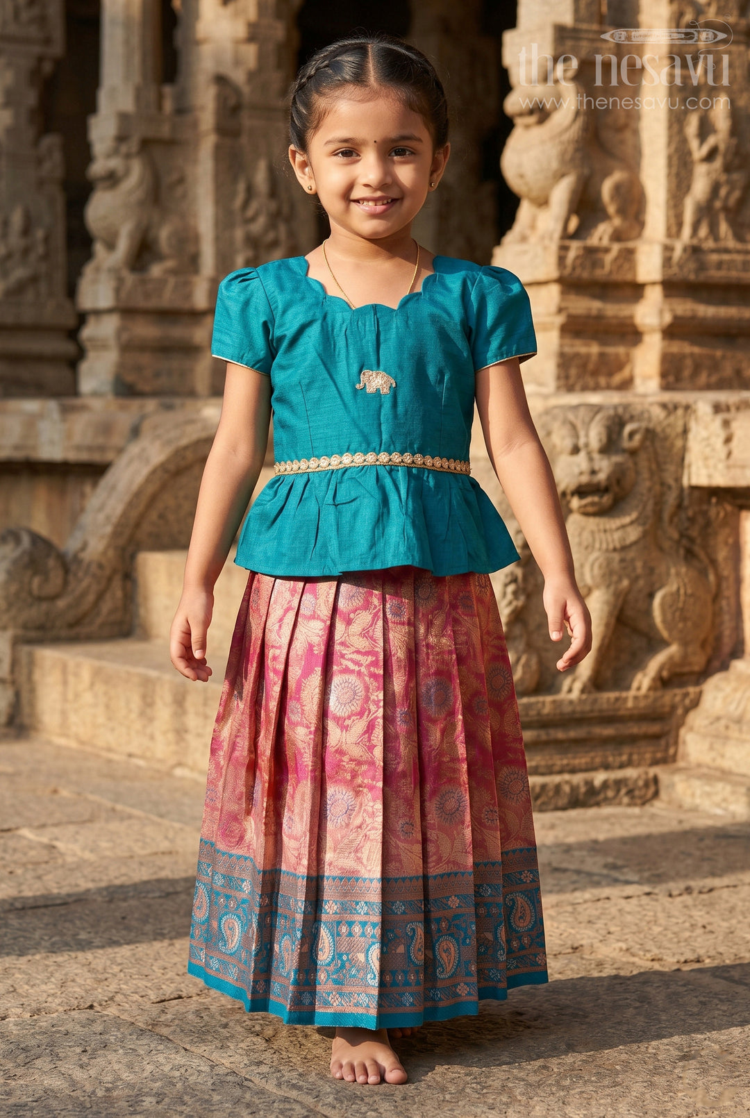 The Nesavu Pattu Pavadai Baby Girls Pattu Pavadai for Temple and Traditional Wear Nesavu 26 (6Y) / Green / Banarasi GPP378B-26 Nesavu baby girl pattu pavadai for festive occasions with semi banaras silk and comfortable traditional peplum design