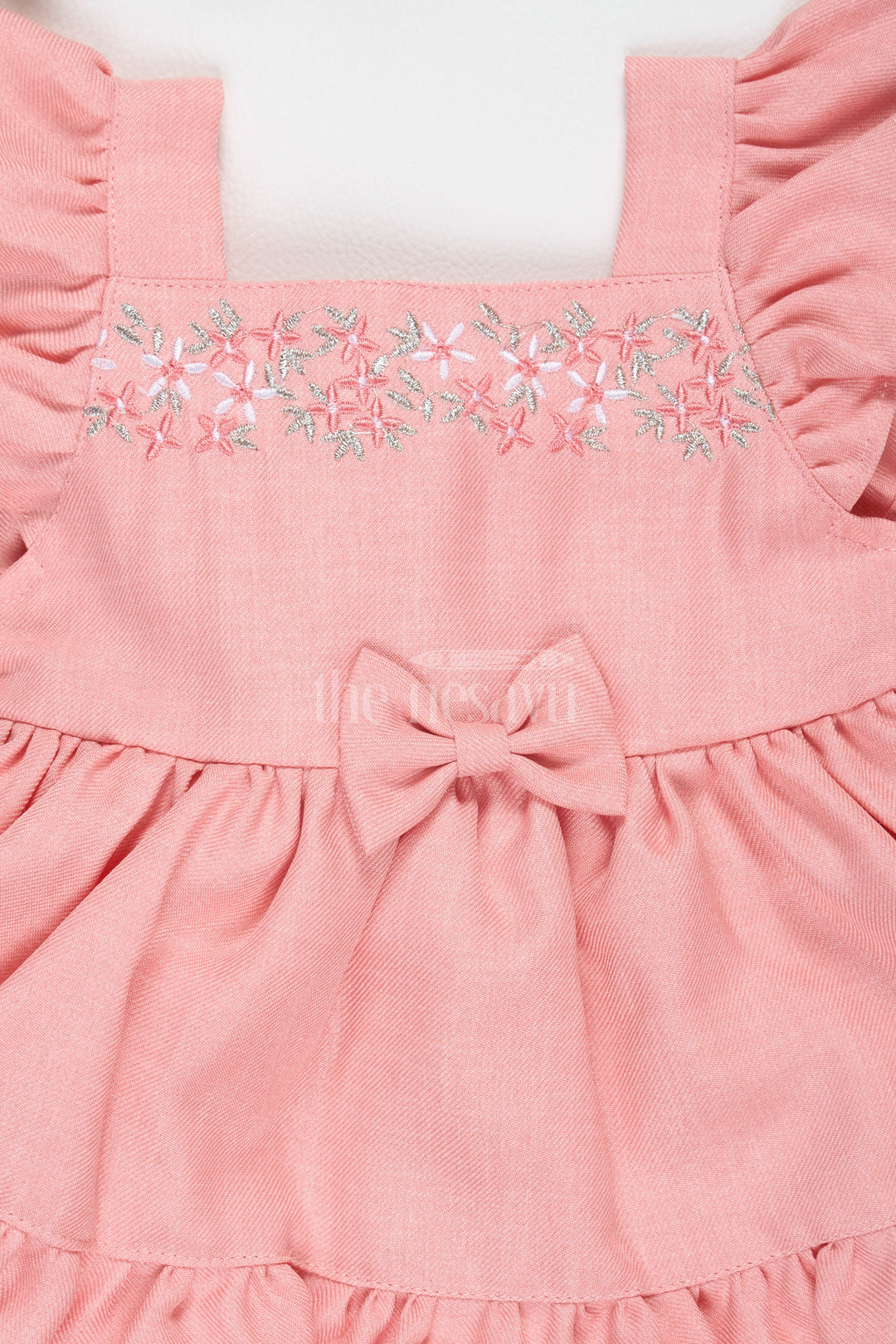 The Nesavu Baby Cotton Frocks Baby Girls Peach Cotton Frock with Ruffle Straps and Lace Trim for Birthday Celebrations Nesavu Nesavu Baby Girls Peach Cotton Frock Floral Embroidery Lace Trim Birthday Parties