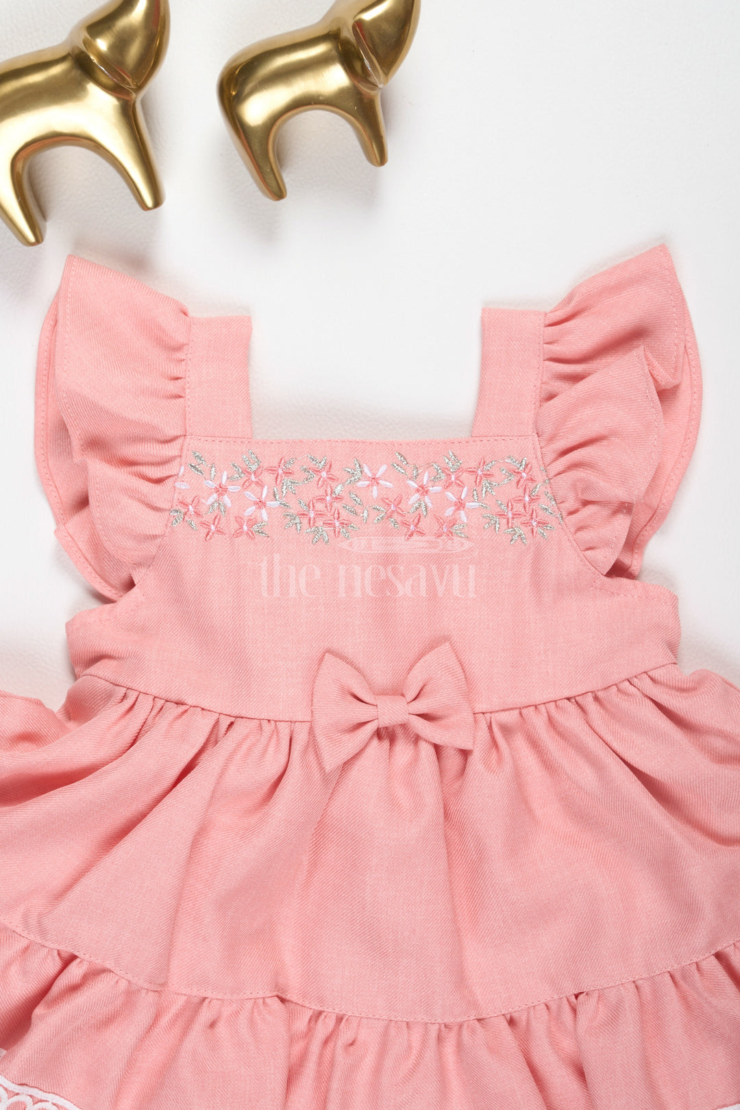 The Nesavu Baby Cotton Frocks Baby Girls Peach Cotton Frock with Ruffle Straps and Lace Trim for Birthday Celebrations Nesavu Nesavu Baby Girls Peach Cotton Frock Floral Embroidery Lace Trim Birthday Parties