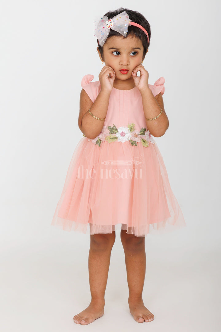 The Nesavu Girls Fancy Party Frock Baby Girls Peach Party Frock with Floral Embroidery and Tulle Skirt for Formal Gatherings Nesavu Nesavu Baby Girls Peach Frock Floral Embroidery Tulle Layers Weddings Family Events