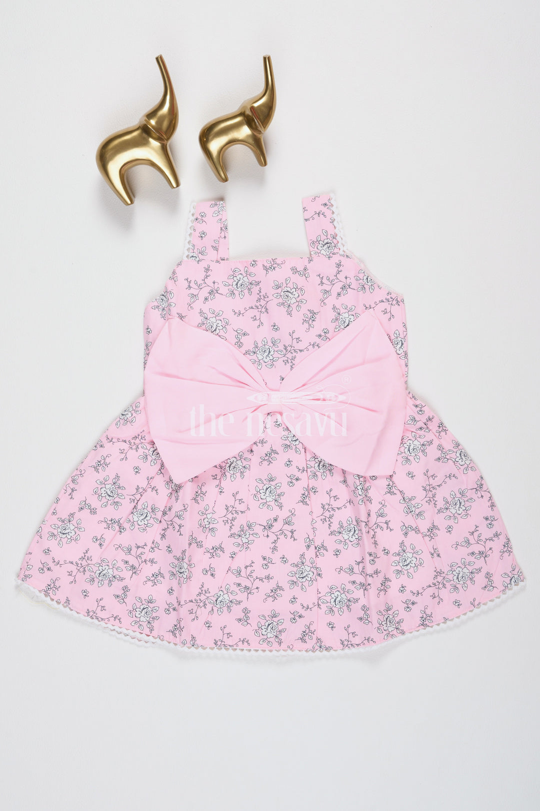 The Nesavu Baby Fancy Frock Baby Girls Pink Cotton Maxi Frock with Floral Print and Bow Accent for Birthday Parties Nesavu 16 (1Y) / Pink BFJ640B-16 Nesavu Baby Girls Pink Cotton Frock Floral Design Bow Detail Summer Outings Parties