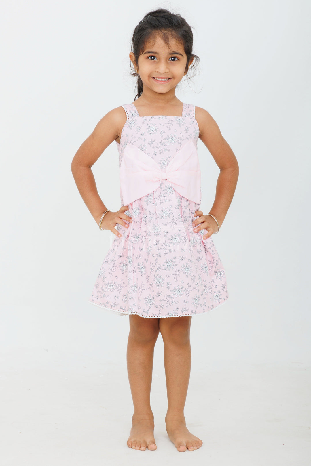 The Nesavu Baby Fancy Frock Baby Girls Pink Cotton Maxi Frock with Floral Print and Bow Accent for Birthday Parties Nesavu 16 (1Y) / Pink BFJ640B-16 Nesavu Baby Girls Pink Cotton Frock Floral Design Bow Detail Summer Outings Parties