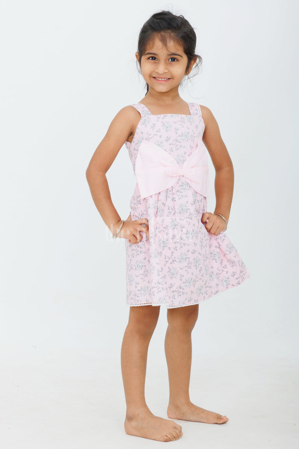 The Nesavu Baby Fancy Frock Baby Girls Pink Cotton Maxi Frock with Floral Print and Bow Accent for Birthday Parties Nesavu Nesavu Baby Girls Pink Cotton Frock Floral Design Bow Detail Summer Outings Parties