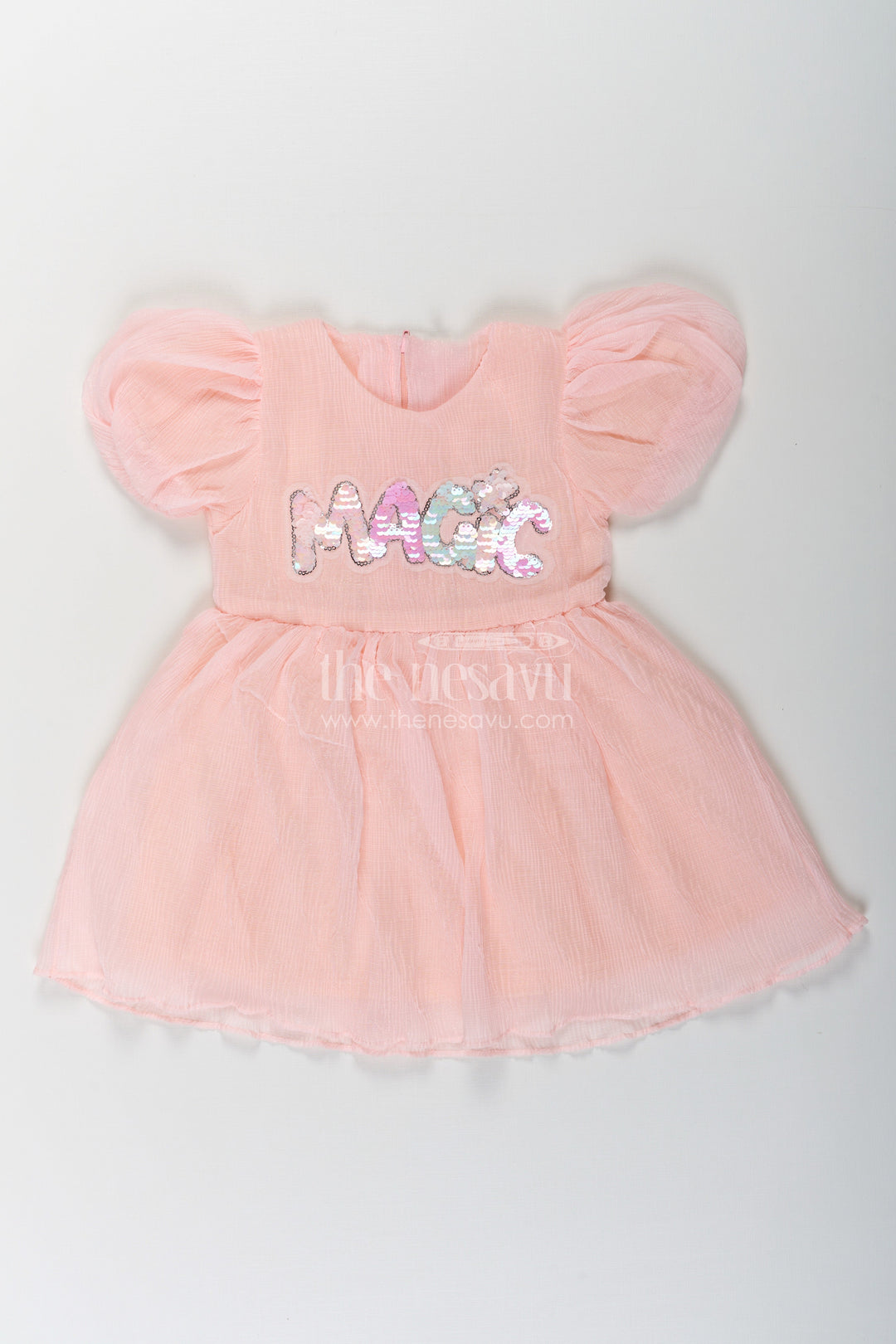 The Nesavu Baby Fancy Frock Baby Girls Pink Floral Frock in Chinon Chiffon with Sequin Embroidery and Puff Sleeves Nesavu 14 (6M) / Peach BFJ758D-14 Baby Girls Pink Floral Frock Chinon Chiffon Magic Sequin Embroidery | The Nesavu