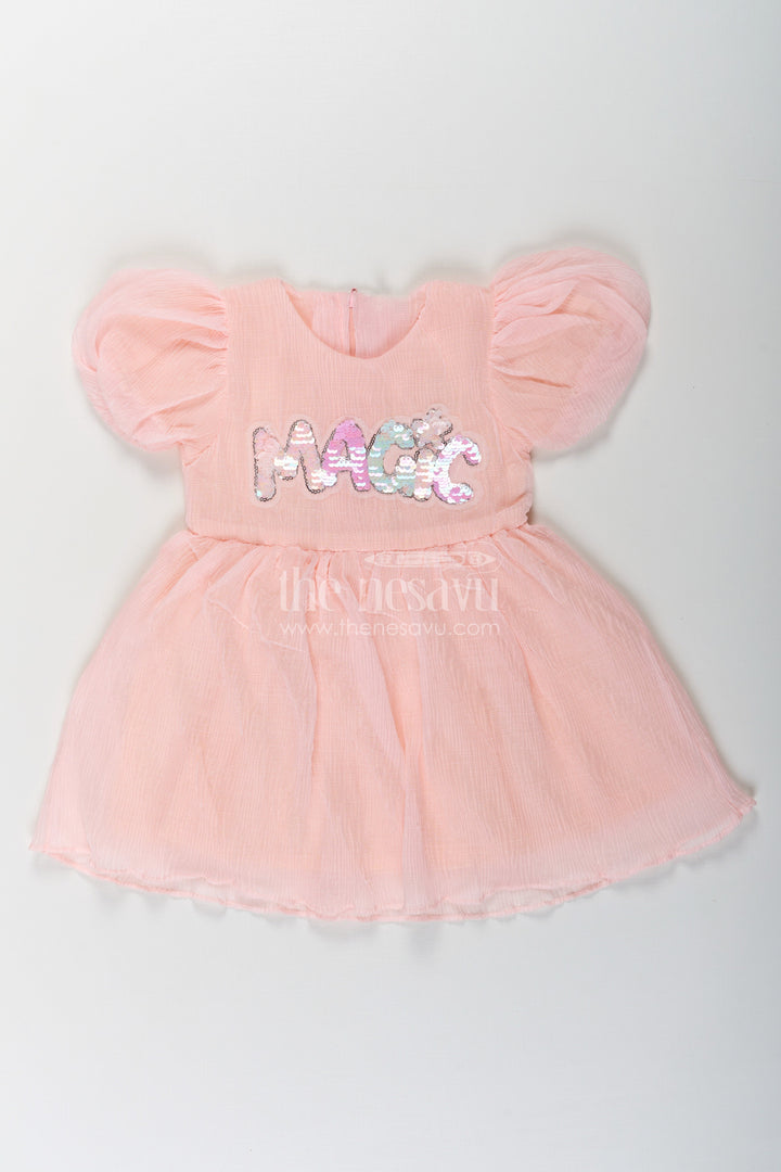 The Nesavu Baby Fancy Frock Baby Girls Pink Floral Frock in Chinon Chiffon with Sequin Embroidery and Puff Sleeves Nesavu 14 (6M) / Peach BFJ758D-14 Baby Girls Pink Floral Frock Chinon Chiffon Magic Sequin Embroidery | The Nesavu