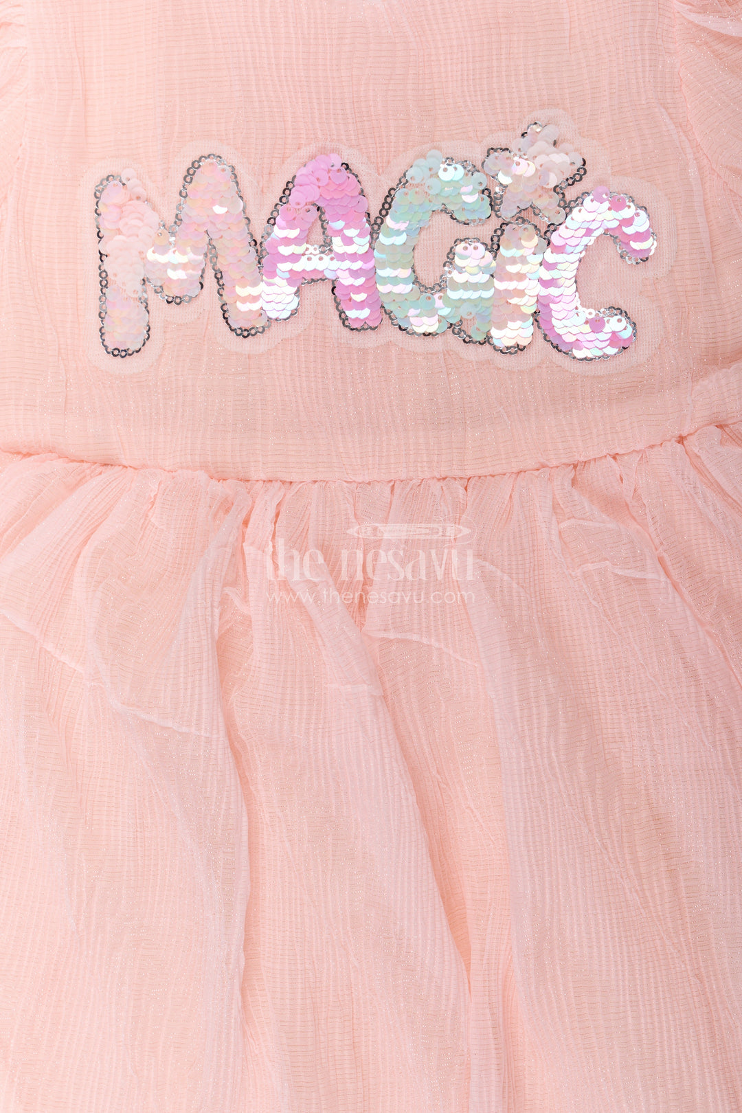 The Nesavu Baby Fancy Frock Baby Girls Pink Floral Frock in Chinon Chiffon with Sequin Embroidery and Puff Sleeves Nesavu Baby Girls Pink Floral Frock Chinon Chiffon Magic Sequin Embroidery | The Nesavu