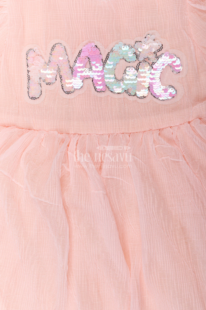 The Nesavu Baby Fancy Frock Baby Girls Pink Floral Frock in Chinon Chiffon with Sequin Embroidery and Puff Sleeves Nesavu Baby Girls Pink Floral Frock Chinon Chiffon Magic Sequin Embroidery | The Nesavu