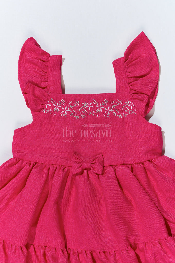 The Nesavu Baby Cotton Frocks Baby Girls Pink Frock in Blend Silk with Embroidery and Ruffled Sleeves for Special Occasions Nesavu Baby Girls Pink Frock Blend Silk Embroidery Ruffled Sleeves Special Occasions | The Nesavu