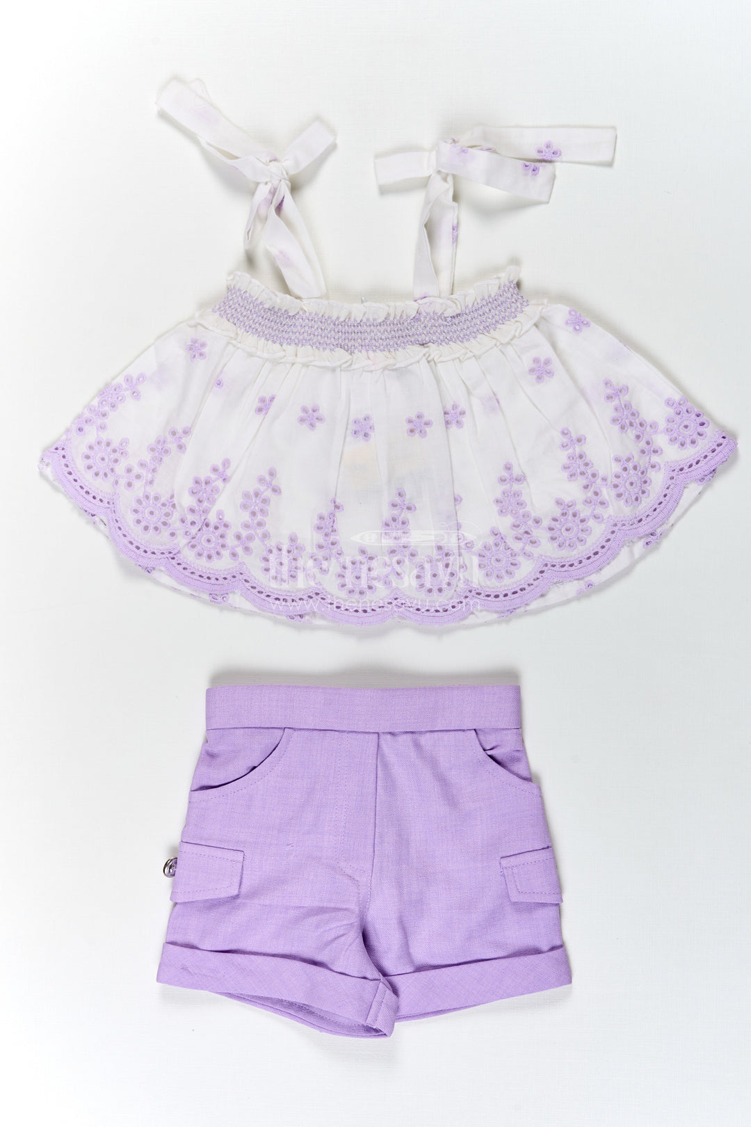 The Nesavu Baby Cotton Frocks Baby Girls Purple Cotton Tie Up Frock with Hakoba Embroidered Sleeveless Top and Matching Shorts Nesavu 18 (2Y) / Purple BFJ762B-18 Baby Girls Purple Cotton Tie Up Frock Hakoba Embroidered Sleeveless Top Shorts | The Nesavu