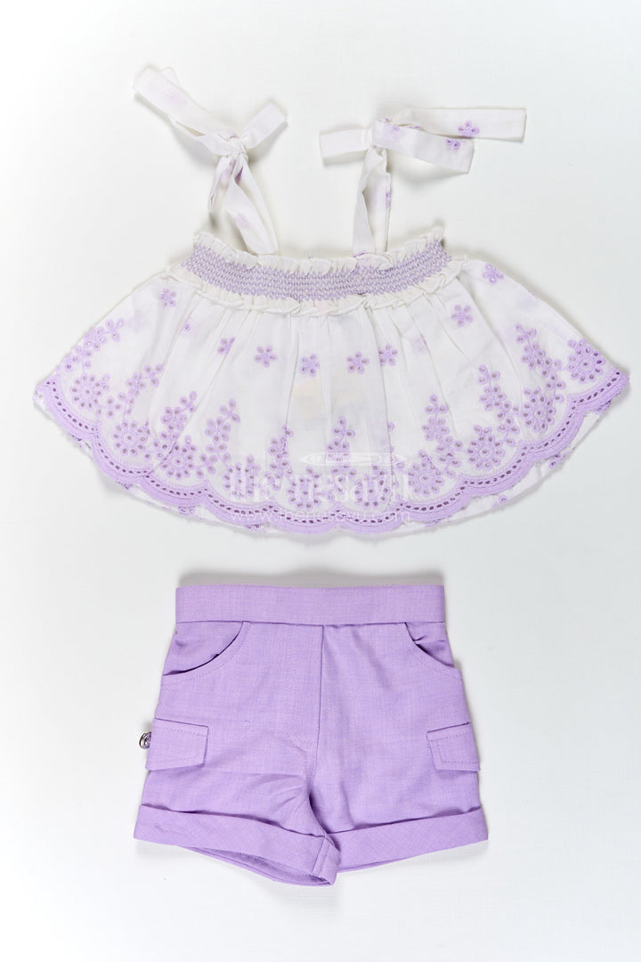 The Nesavu Baby Cotton Frocks Baby Girls Purple Cotton Tie Up Frock with Hakoba Embroidered Sleeveless Top and Matching Shorts Nesavu 18 (2Y) / Purple BFJ762B-18 Baby Girls Purple Cotton Tie Up Frock Hakoba Embroidered Sleeveless Top Shorts | The Nesavu